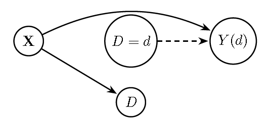 *Single-World Intervention Graph (SWIG) for $do(D=d)$*: The treatment $D$ is split into the fixed intervention $D=d$ and its natural value. The outcome is replaced by $Y(d)$. $X$ still influences $Y(d)$, so adjustment for $X$ is needed for identification.