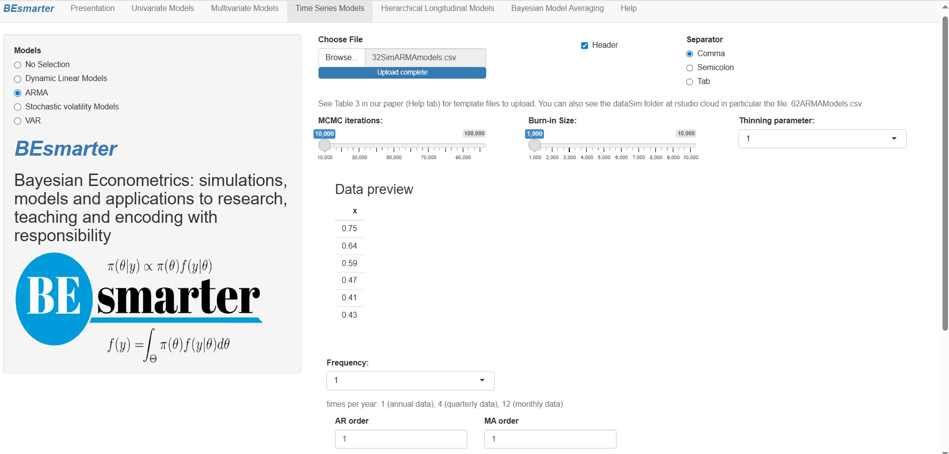 Time series models: ARMA specification.
