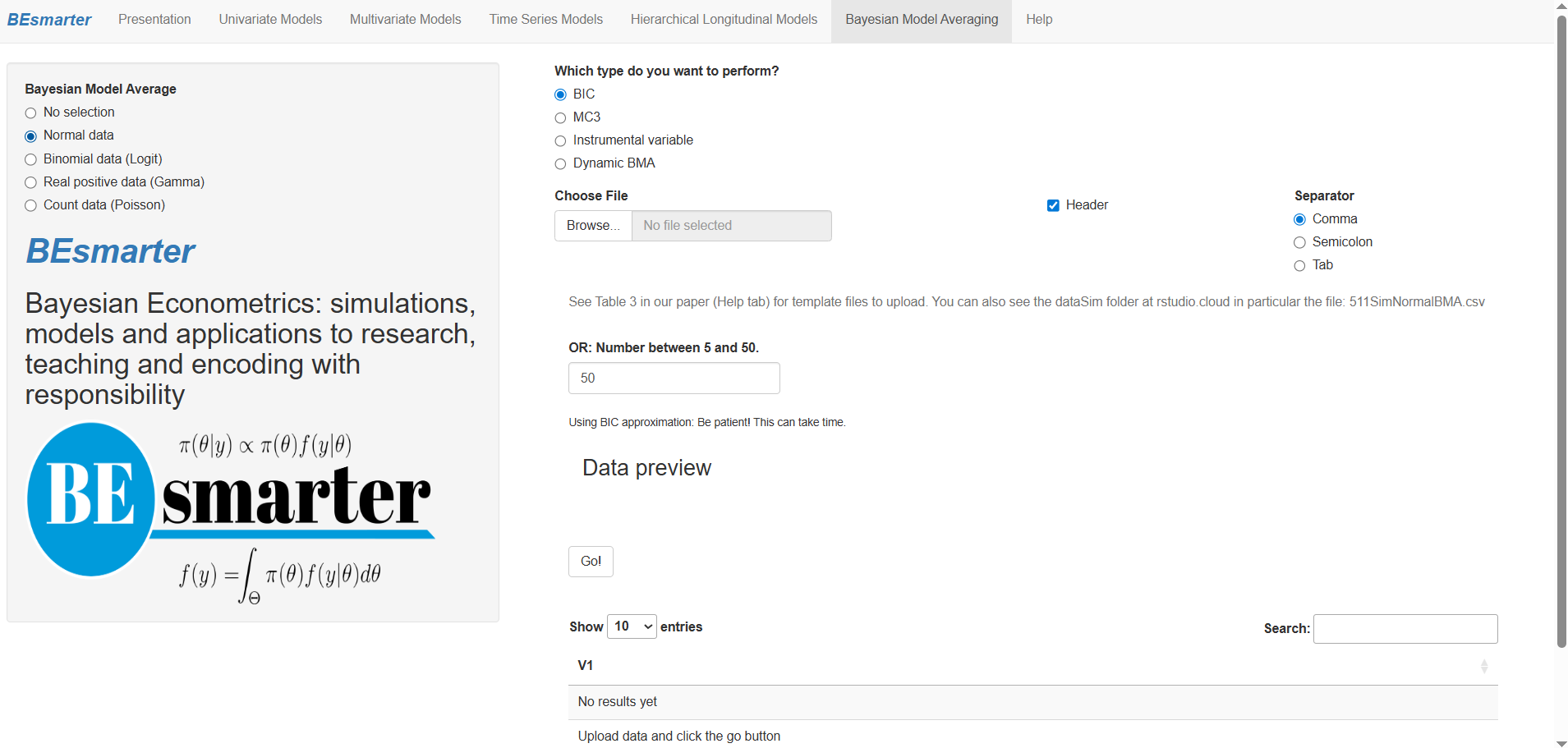 Bayesian model averaging: Specification.